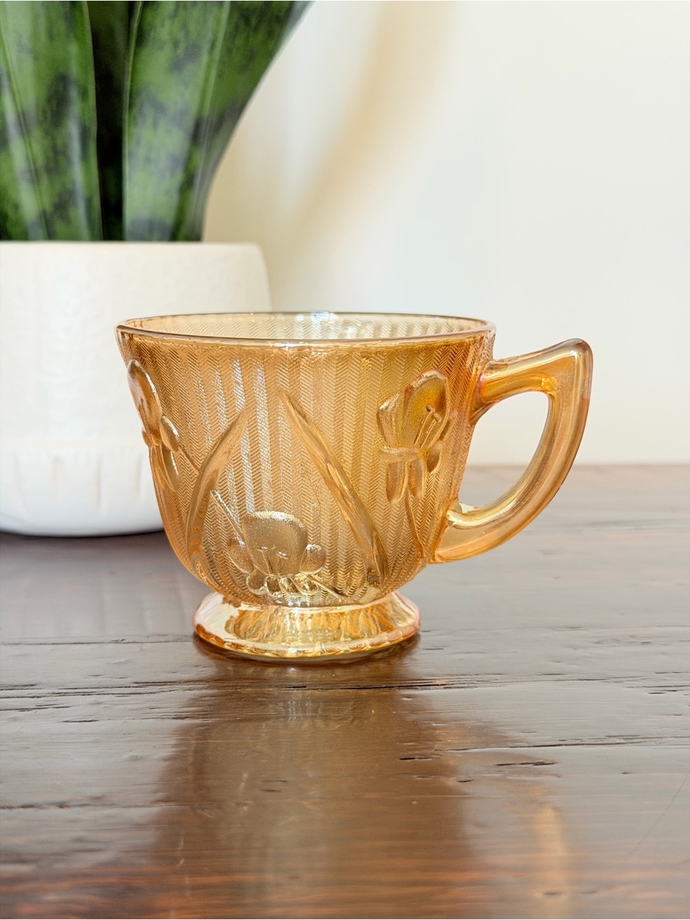 Vintage Jeannette Glass Iris and Herringbone Handle Amber Tea Cup